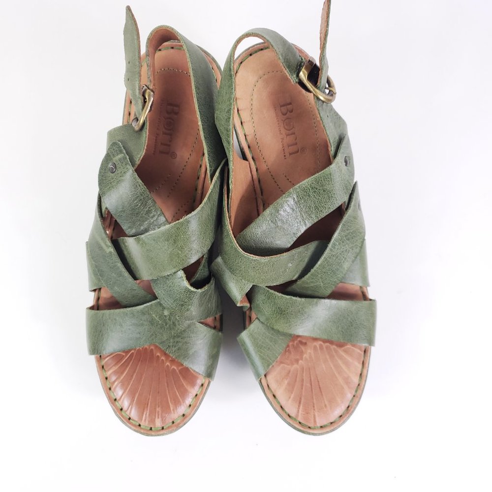 Born Leather Spring Green Strappy Platform Wedges Heels - Picture 6 of 7